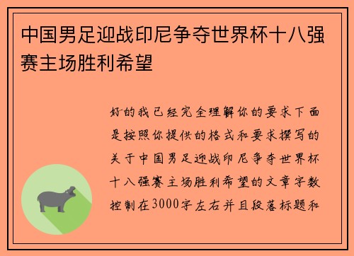 中国男足迎战印尼争夺世界杯十八强赛主场胜利希望