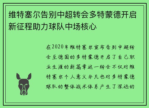 维特塞尔告别中超转会多特蒙德开启新征程助力球队中场核心